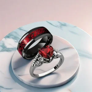 Goth heart double ring — red zircon
