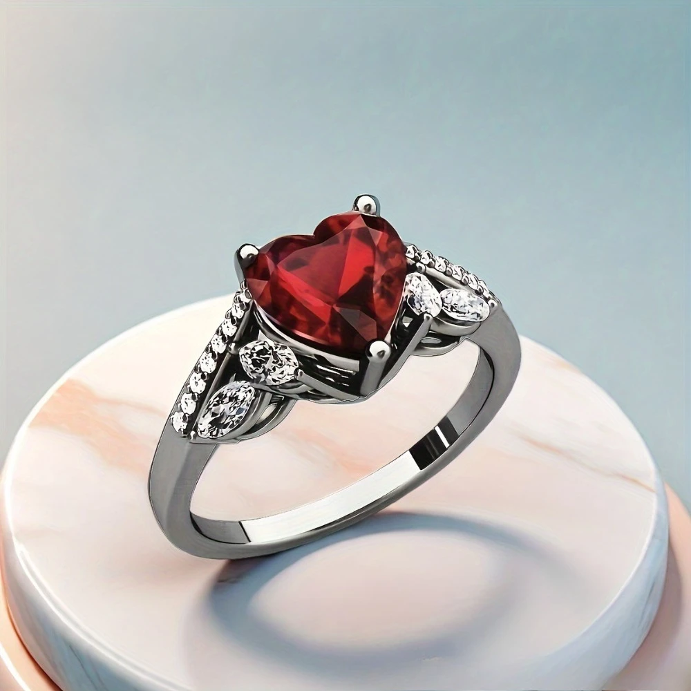 Goth heart double ring — red zircon 5