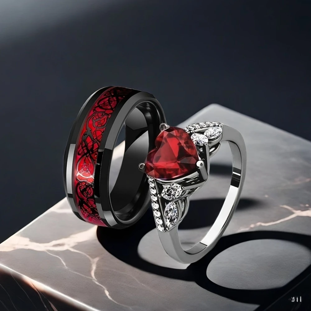 Goth heart double ring — red zircon 2