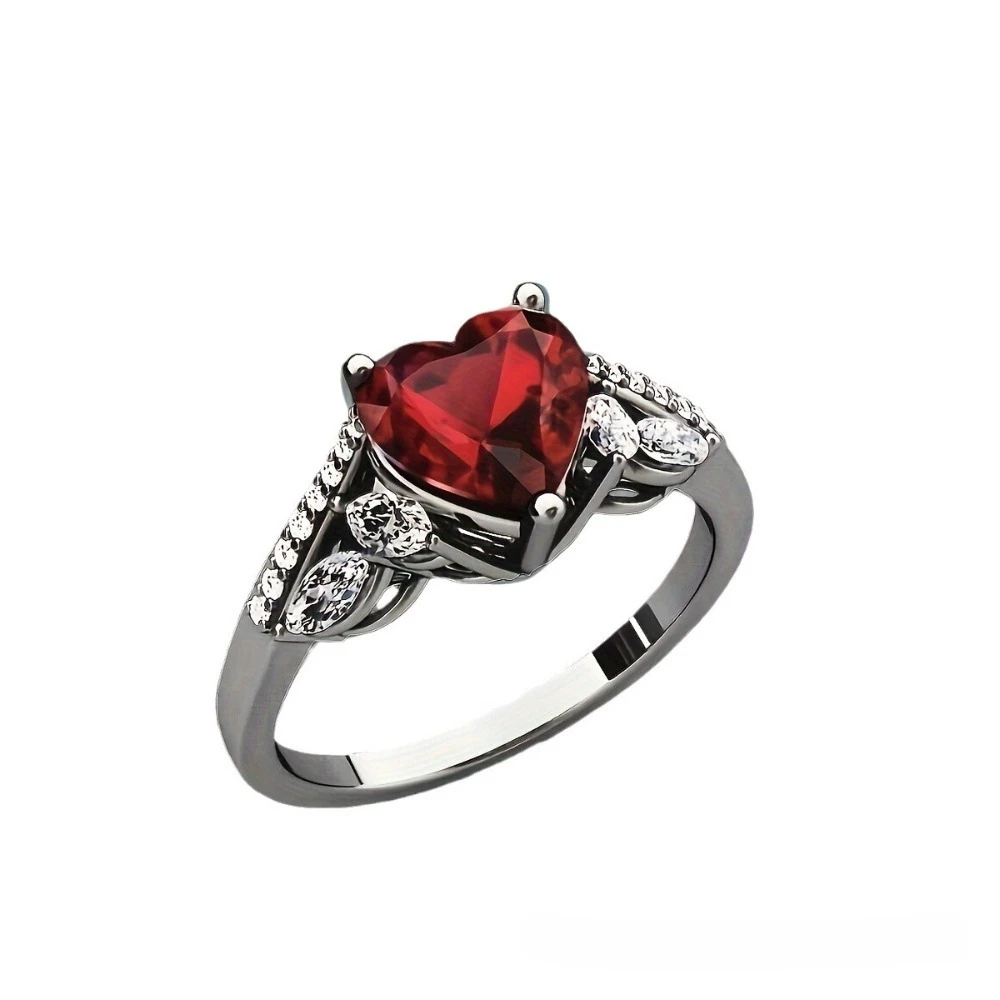 Goth heart double ring — red zircon 4