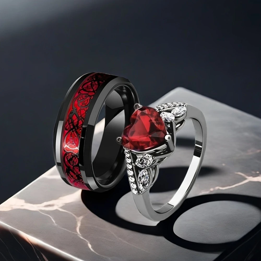 Goth heart double ring — red zircon 6